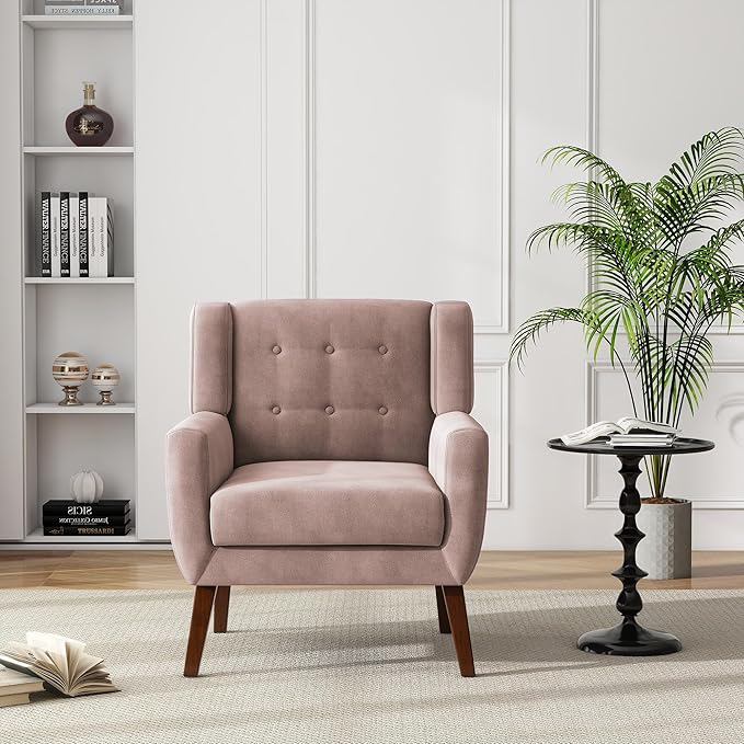 UIXE Accent Chair, Velvet Upholstered Armchair for Living Room, Modern Club Arm Chairs Comfy Single Sofa Button Tufted Bedroom Reading Seat - Skin Pink, Set of 1-Ruum Studio Home