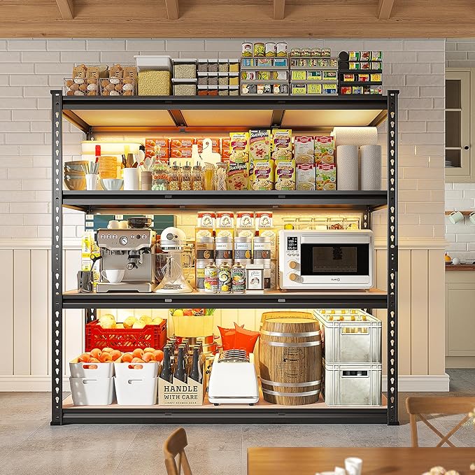 REIBII 48.2" W Garage Shelving, Storage Shelves Load 2600LBS, 4-Tier Adjustable Heavy Duty Metal Shelves for Warehouse, Pantry, Kitchen, 60.1" H X 48.2" W X 24" D, Black-Ruum Studio Home