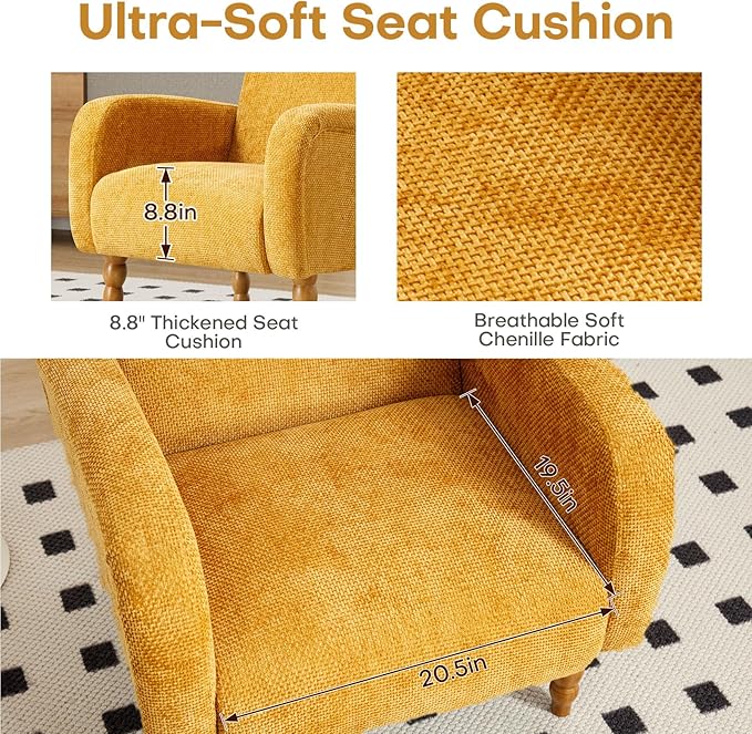 Chenille Fabric Accent Chairs Set of 2, Upholstered Armchair with Solid Wood Legs, Modern Living Room Accent Chair, Comfy Single Sofa Reading Club Chair for Bedroom Reception Lounge, Yellow-Ruum Studio Home