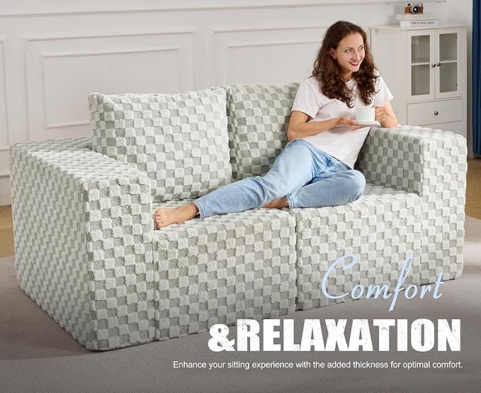 Modular Sectional Sofa 2 Seater Loveseat Modular Couch with Deep Seat Memory Foam Cloud Sofa Chair with Pillows Oversized Sectional Sofa for Living Room Bedroom (Plush GREYOLIVE, Loveseat)-Ruum Studio Home