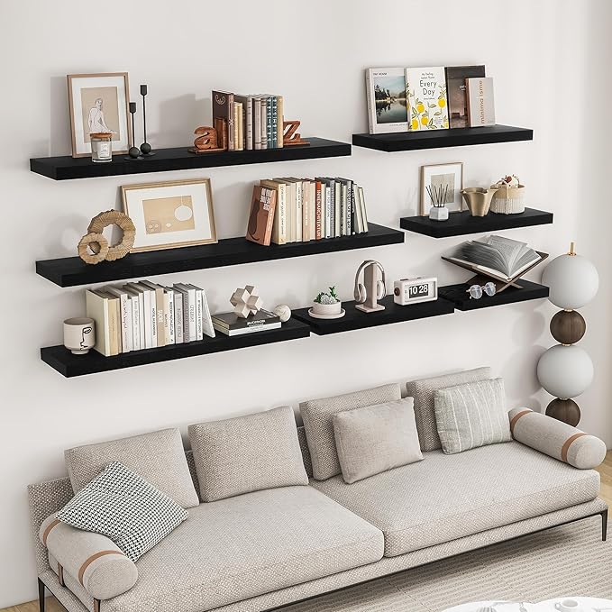 RICHFOCUS 55Inch Floating Shelves for Wall 2 Pack Shelves for Bedroom|Kitchen|Bathroom Wall Mounted Rustic Wood Floating Shelf with Invisible Brackets for Books|Storage|Decor, Black-Ruum Studio Home
