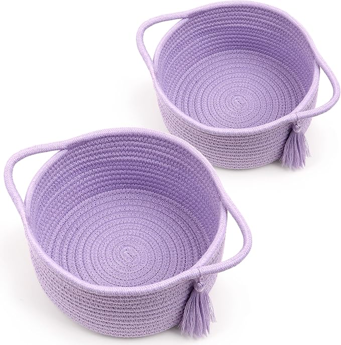 Empty Gift Basket - SweetMemo Mini Woven Rope Organizer Baskets for Baby Shower, Vanity, Makeup Brushes, Bathroom, Shelves, Desk - Small Decorative Storage Bins - Set of 2, Pre-Shaped, Lilac Purple-Ruum Studio Home
