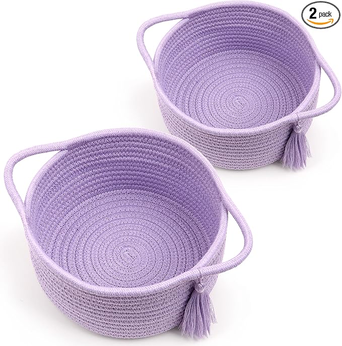 Empty Gift Basket - SweetMemo Mini Woven Rope Organizer Baskets for Baby Shower, Vanity, Makeup Brushes, Bathroom, Shelves, Desk - Small Decorative Storage Bins - Set of 2, Pre-Shaped, Lilac Purple-Ruum Studio Home