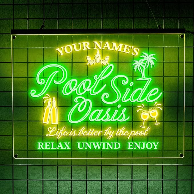 Personalized Pool Side Oasis Neon Sign, CustomLED Name Light for Backyard Patio Bar, Tropical Pool Decor, Relaxation Sign, Gift for Summer Lovers-Ruum Studio Home
