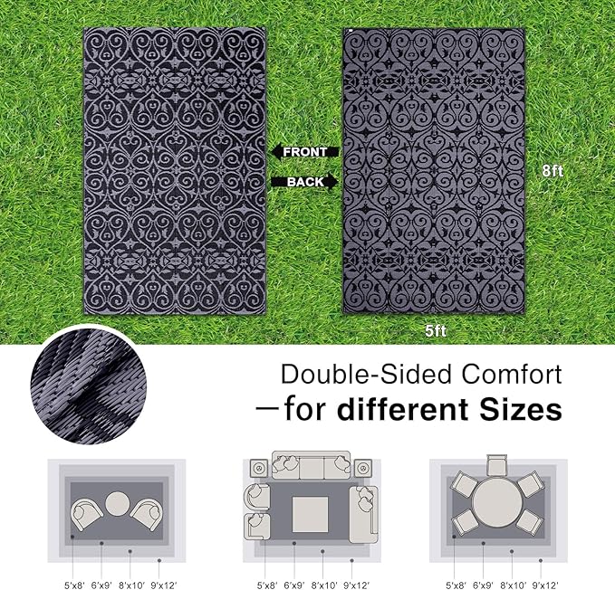 OLANLY Outdoor Rug Waterproof 5x8 ft Clearance, Reversible Outdoor Plastic Straw Rug with Floral Pattern, RV Mat for Patio, Camping, Balcony, Deck, Backyard, Black & Grey-Ruum Studio Home