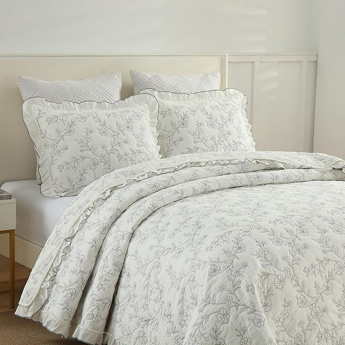 MarCielo 3-Piece 100% Cotton Bedspread Lightweight Quilt Coverlet Embroidery Farmhouse Bedding Set (Floral,Queen (98" X 90"))-Ruum Studio Home