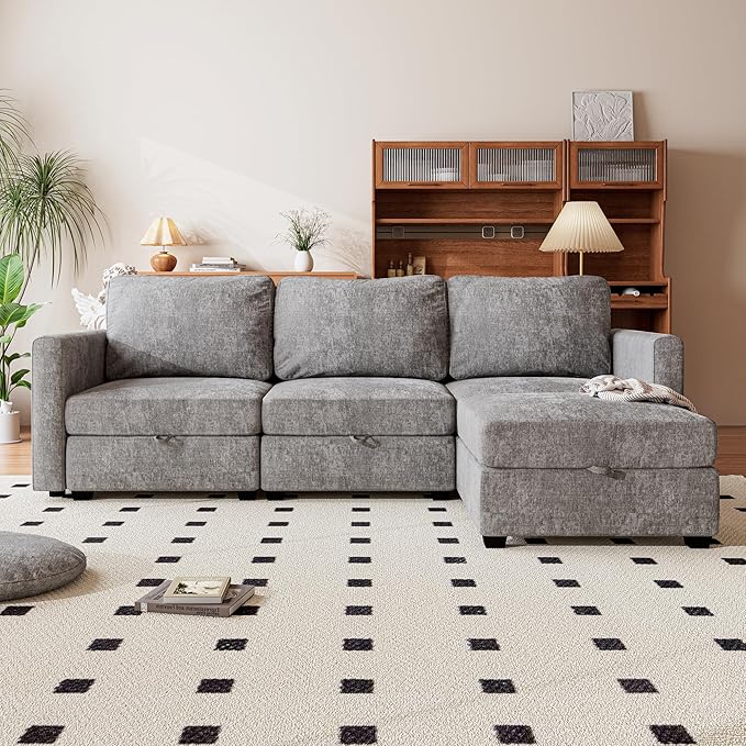 mestyl Modular Sectional Sofa Convertible L Shaped Sofa Couch Set with Storage for Living Room, Modern 3 Seater Modular Sectional Couch with Movable Ottoman (Grey)-Ruum Studio Home