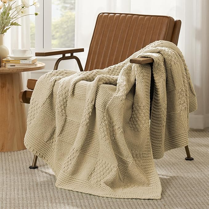 Amélie Home Chenille Knit Throw Blanket for Couch, Checkered Texture Decorative Soft Blanket for Sofa, Bed & Living Room, 50"x60", Beige-Ruum Studio Home