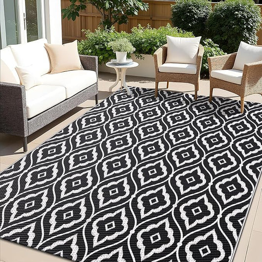 OLANLY Outdoor Rug 8x10 ft Waterproof, Outdoor Plastic Straw Rug with Geometric Pattern Clearance, Reversible RV Mat for Patio, Camping, Balcony, Deck, Backyard, Black & White-Ruum Studio Home