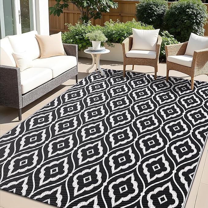 OLANLY Outdoor Rug 9x12 ft Waterproof, Outdoor Plastic Straw Rug with Geometric Pattern Clearance, Reversible RV Mat for Patio, Camping, Balcony, Deck, Backyard, Black & White-Ruum Studio Home