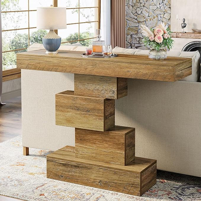 Tribesigns 42.5" Farmhouse Console Table, Narrow Wood Sofa Table Behind Couch with Geometric Base, Industrial Entryway Accent Table for Living Room, Hallway, Entrance (Light Brown)-Ruum Studio Home