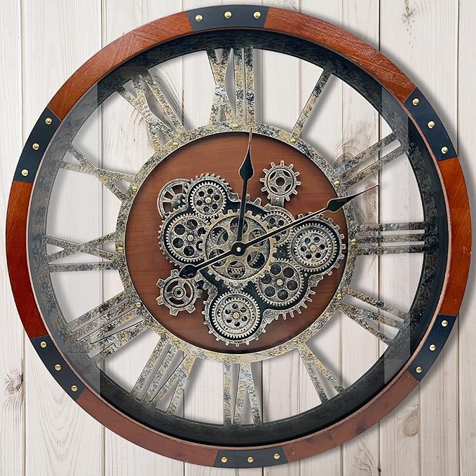 DORBOKER 24" Original Moving Gears Wall Clock, Large Industrial Wall Clock for Living Room Decor,Oversized Wood Vintage Farmhouse Steampunk Rustic Clocks for Wall Decor,Black Walnut-Ruum Studio Home