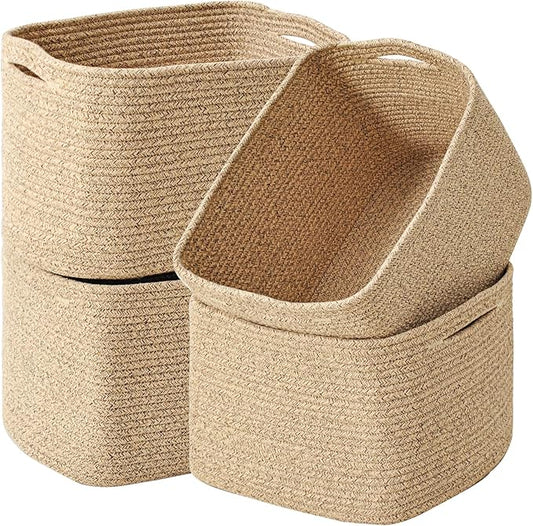 Storage Baskets for Organizing & Shelves, Woven Cotton Rope Organization Bins for Dog Toys, Clothes, Books, Nursery Organizer, 15" Lx11''Wx9.5''H, (4 Packs) Brown-Ruum Studio Home