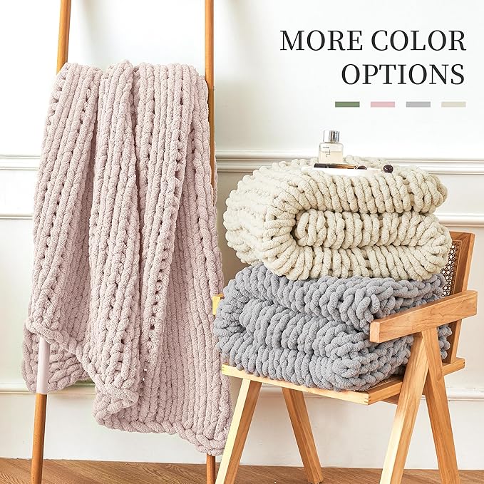 Admitrack Chunky Knit Blanket Throw, 100% Hand Knit Chenille Throw Blanket for Sofa & Home Decor, Soft and Cozy Knitted Throw Blankets (Pink，51"x63")-Ruum Studio Home
