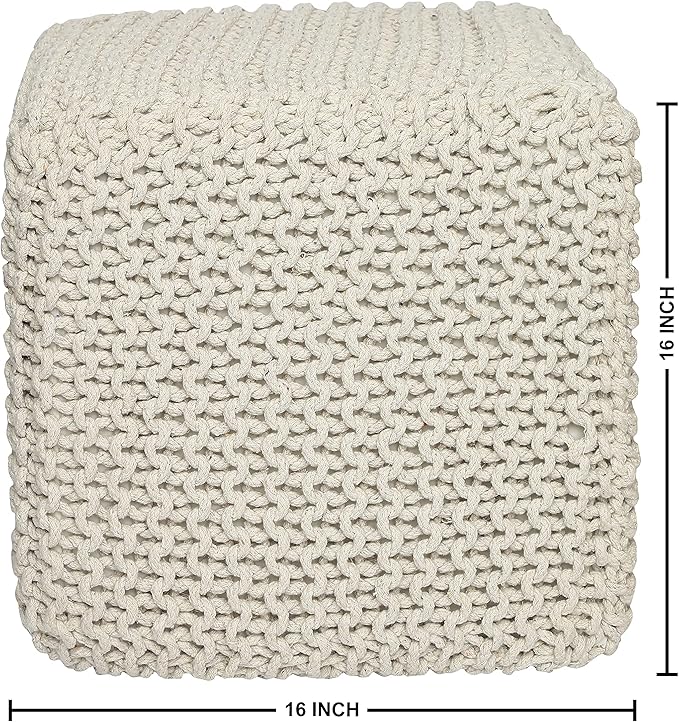 REDEARTH Square Pouf Ottoman Foot Stool - Hand Knitted Bean Bag - Cord Boho Pouffe - Accent Poof for Living Room - Nursery - Bedroom - Kids Bedroom - Patio - 100% Cotton (16" x 16" x 16") - Ivory-Ruum Studio Home