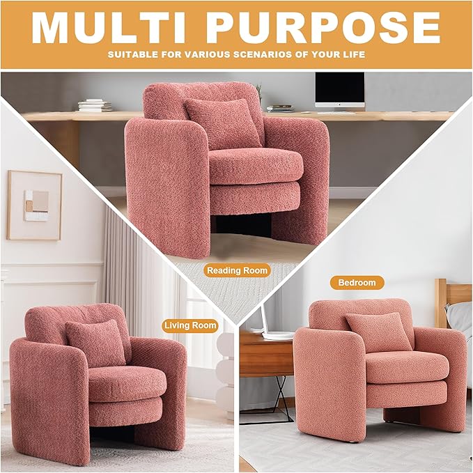 Chenille Accent Armchair Oversize Upholstered Barrel Comfy Modern Round Lounge Sofa Chair with Pillow Cozy Reading Chairs for Apartment,Office,Living Room,Dining,Makeup,Club,Pink 2SET-Ruum Studio Home