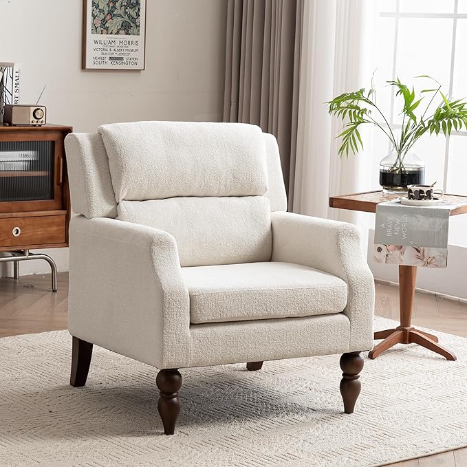Kidol & Shellder White Oversized Accent Chair for Living Room Mid Century Modern Reading Chair with Back Wide Upholstered Comfy Single Sofa Chair for Bedroom Lounge Side Corner Chair Fabric Armchair-Ruum Studio Home