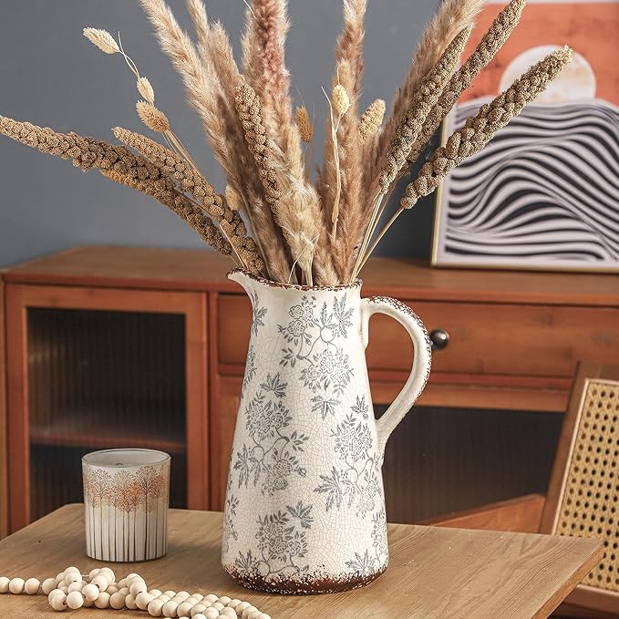 Enra Blue and White vase with Handle,12.2 inch Ceramic Vintage Decorative Flower Pitcher vase, Chinoiserie Floral Vase,Large Rustic Vases for Home Decors, Living Room, Bookshelf, Office-Ruum Studio Home