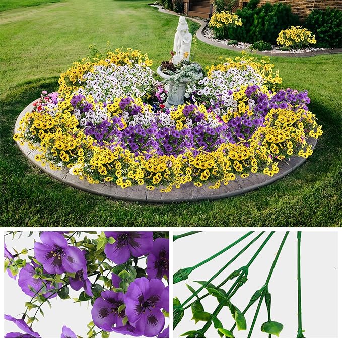 Artificial Fake Pansy Flowers for Outdoor, 36 Bundles Faux Silk Pansies Spring Flowers for Outside for Planter Front Door Porch Yard Patio Window Box Home Decor (36, Purple, Yellow, White)-Ruum Studio Home