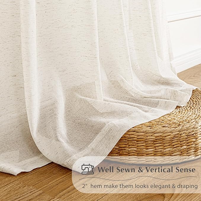 FMFUNCTEX Linen Sheer Pinch Pleated Curtains for Living Room, Linen Flax Beige 96 Inches Long Sheer Curtain Panels for Bedroom, Natural Back Tab Window Drapes for Farmhouse, Rod Pocket 2 Panels-Ruum Studio Home