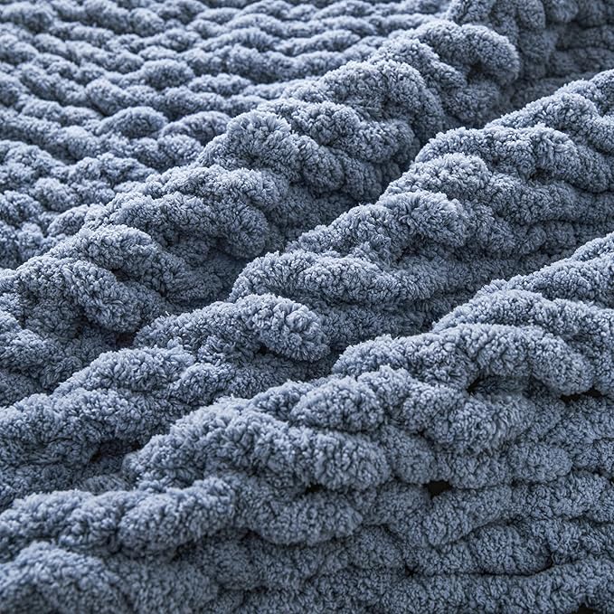 WESHIONGOO Chunky Knit Blanket Throw 40"×40" Knitted Throw Blankets for Couch Bed Fluffy Soft Blanket with Jumbo Chenille Yarn Thick 100% Handmade (Dusty Blue)-Ruum Studio Home