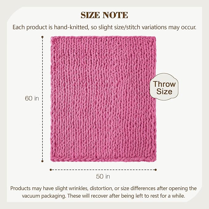 Carriediosa Chunky Knit Throw Blanket 50" X 60", 100% Hand Made Large Chenille Loop Yarn Soft Fluffy Throws for Couch Sofa Bed, Big Crochet Cozy Heavy Thick Cable Woven Blankets, Hot Pink-Ruum Studio Home