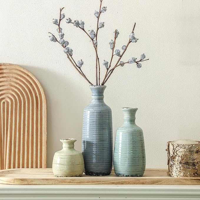 Ceramic Vase Set of 3, Rustic Neutral Vases Home Decor Farmhouse Decorative Flower Vase Modern Boho Pampass Vases for Table Mantel Entryway Shelf Living Room Kitchen Bathroom - Multicolor-Ruum Studio Home