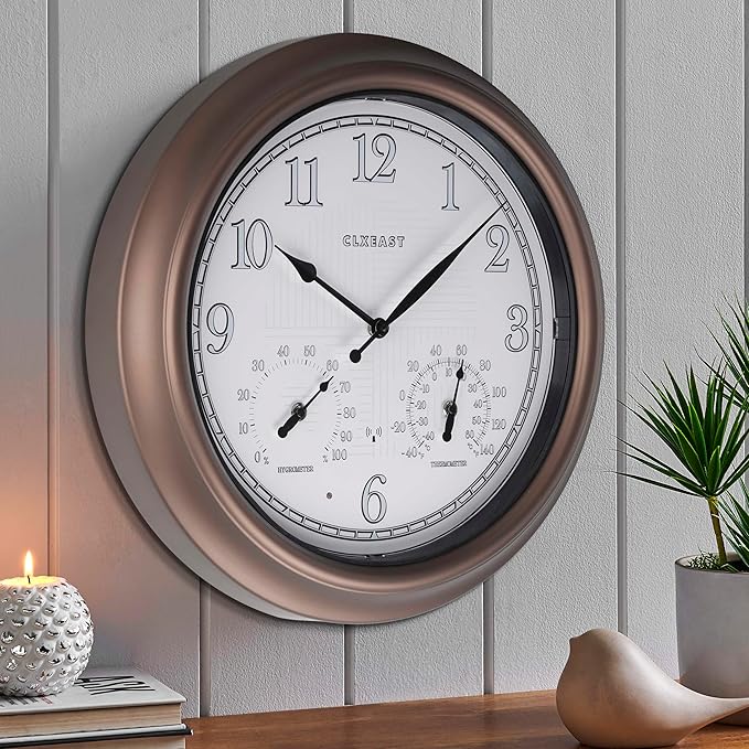 CLXEAST 18 Inch Illuminated Outdoor Indoor Atomic Analog Wall Clock with Temperature & Humidity, Lighted Outdoor Clocks for Patio Large Waterproof with Thermometer,Bronze Finish,House Warming Gifts-Ruum Studio Home