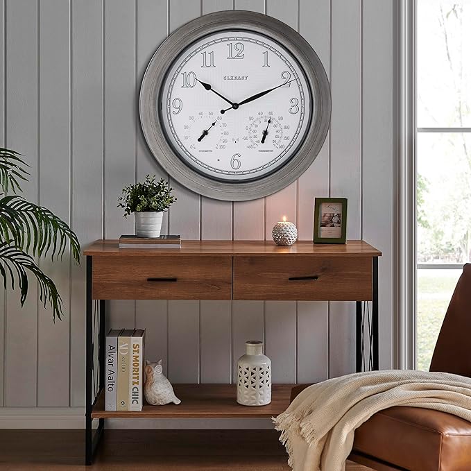 CLXEAST 18 Inch Farmhouse Illuminated Outdoor Atomic Wall Clock with Thermometer & Hygrometer Combo, Night Lighted Wall Clock with Smart Sensor, Weather Stations,Brushed Grey Oak Finish-Ruum Studio Home