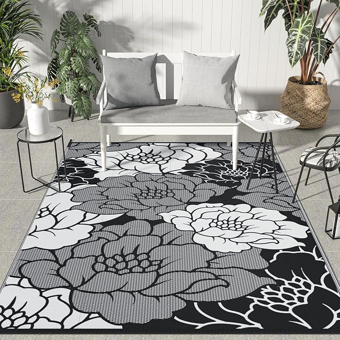 GENIMO Outdoor Rug Waterproof for Patio Decor, 9' x 12' Reversible Plastic Straw Floral Camping Carpet, Large Area Rugs Mats for RV, Camper, Deck, Balcony, Porch, Beach, Picnic, Mix-Black & White-Ruum Studio Home