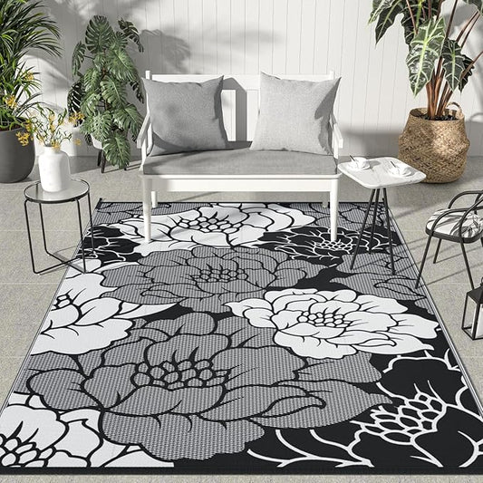 GENIMO Outdoor Rug Waterproof for Patio Decor, 8' x 10' Reversible Plastic Straw Floral Camping Carpet, Large Area Rugs Mats for RV, Camper, Deck, Balcony, Porch, Beach, Picnic, Mix-Black & White-Ruum Studio Home