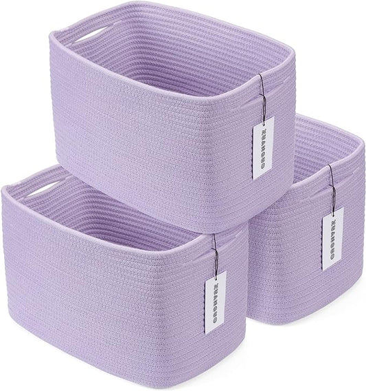 Cotton Rope storage Basket Bins Woven Basket for Organizing Shelves Rectangle Decorative Baskets For storage Clothes Toys Books Towels Square Wicker Nursery basket organizer 3 pack purple lavender-Ruum Studio Home