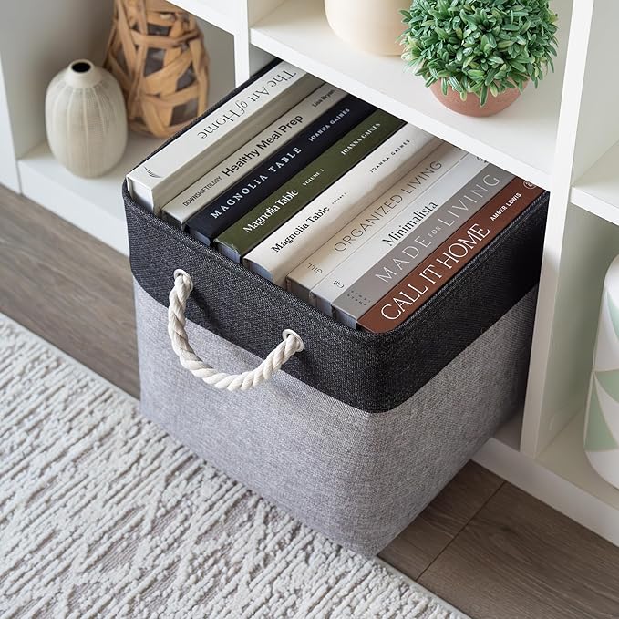 OrganiHaus 12x12 Cube Storage Bins 4 Pack, Foldable Cube Storage Organizer w/ Rope Handles, Collapsible Fabric Bins for Toys, Clothes & Closet Organization, Fabric Square Baskets - Gray/Black-Ruum Studio Home