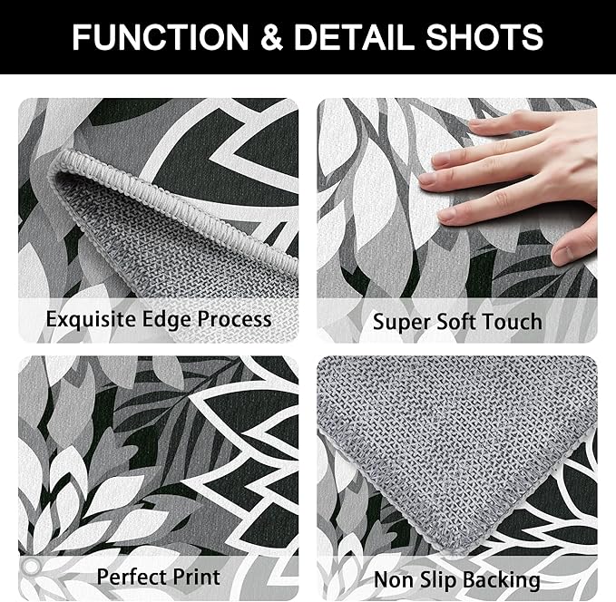 Area Rug 2x6 Black White Washable Entry Rug Multicolored Tropical Botanical Modern Floral Indoor Kitchen Door Mat Entrance Carpet Non Slip for Bedroom Living Room, Porch-Ruum Studio Home