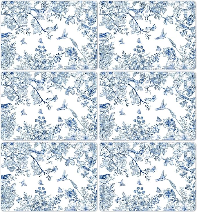 Blue Floral Placemats Set of 6 Flower Bird Plastic Table Mats Seasonal Spring Placemats Chinoiserie Place Mats Rustic Vintage Table Decoration for Indoor Outdoor Party Kitchen Dining-Ruum Studio Home