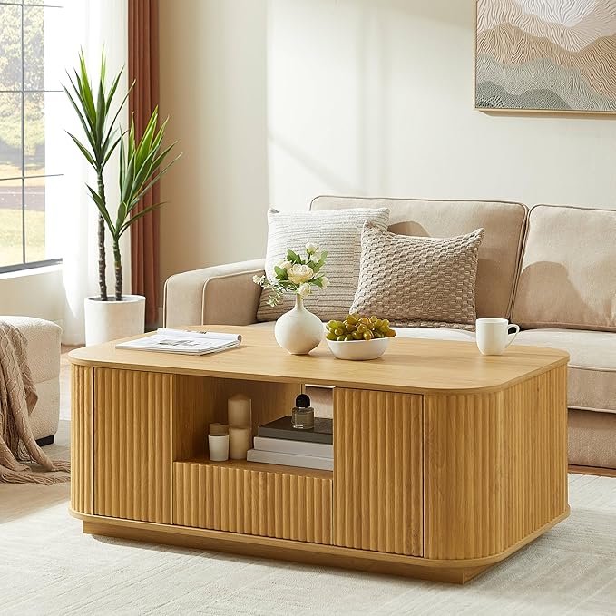 46.5" Oval Coffee Table with Drawers and Storage Mid Century Modern Fluted Solid Wood Side Coffee Tables, Luxury Tea Table Center Table for Living Rooms Offices Apartmen, Natural-Ruum Studio Home