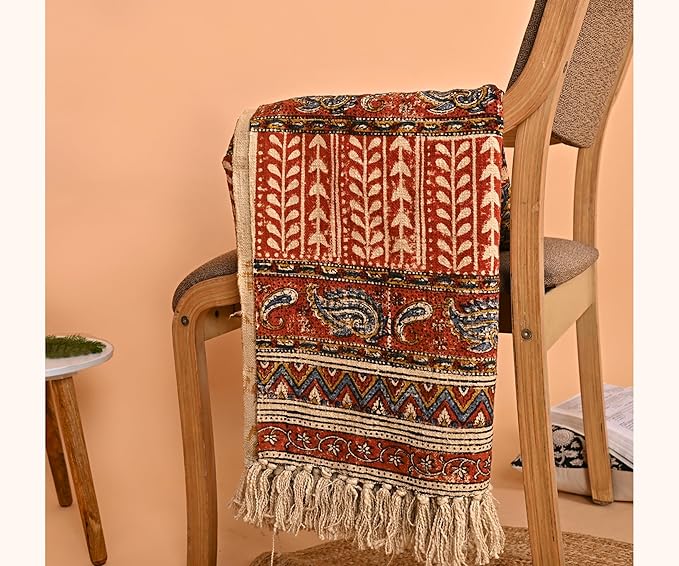 Handmade Cotton Floral Throw Blanket | Indian Block Print with Tassels | Boho Fringed Sofa & Bed Cover | 48x70 Inches Lightweight Decorative Throw for Couch, Living Room & Bedroom-Ruum Studio Home