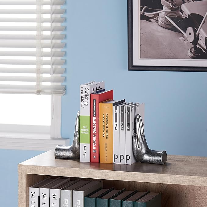 Danya B. Contemporary Accent Book Shelf Decor - Hands Sculpture Bookend Set of 2 (Silver)-Ruum Studio Home