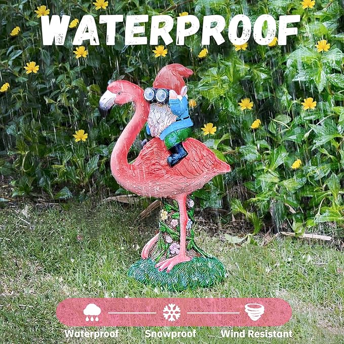 Solar Flamingo Gnome Garden Decor Statue, Outdoor Funny Solar Light Decoration for Yard, Patio, Lawn, Unique Housewarming, Birthday Gift for Women, Mom, Grandma-Ruum Studio Home