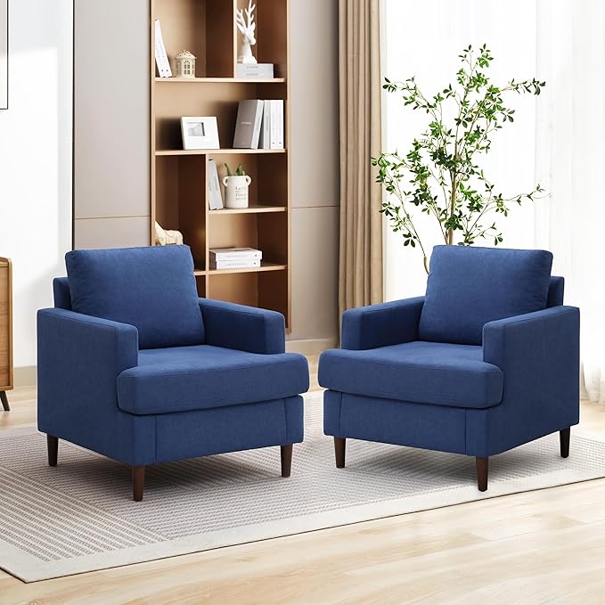 Mid-Century Accent Chair,Modern Linen Fabric Armchair for Living Room,Comfy Upholstered Reading Accent Chairs for Bedroom,Single Sofa Chair with Wood Legs (Blue, 2 Pack)-Ruum Studio Home
