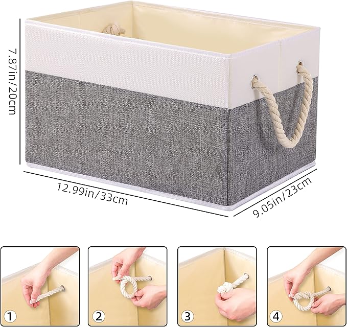 Yawinhe Foldable Storage Basket 3-Pack, Large Fabric Bins with Rope Handle, Used for Organizing Shelves, Closets, Clothes, 12.99''Lx9.05''Wx7.87''H, White/Grey-Ruum Studio Home