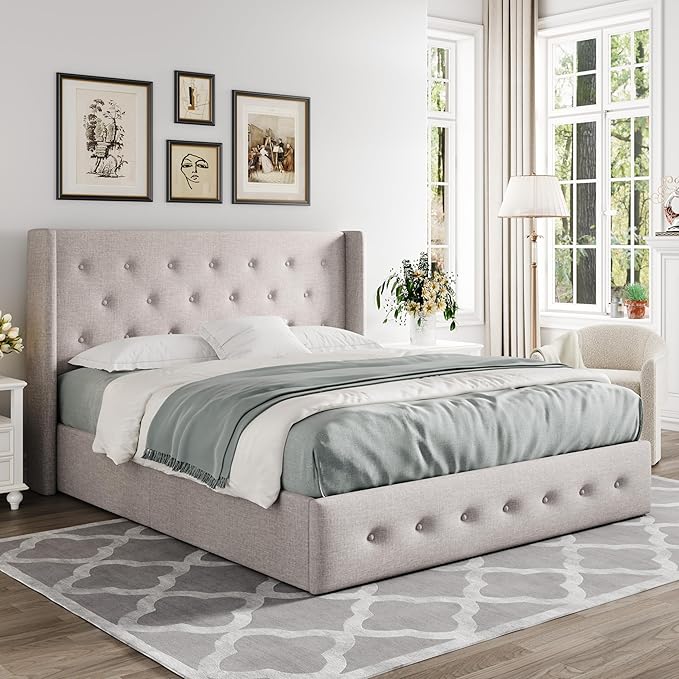 Allewie Full Size Lift Up Storage Bed, Button Tufted Headboard with Wingback, Hydraulic Support, No Box Spring Needed, Light Beige-Ruum Studio Home