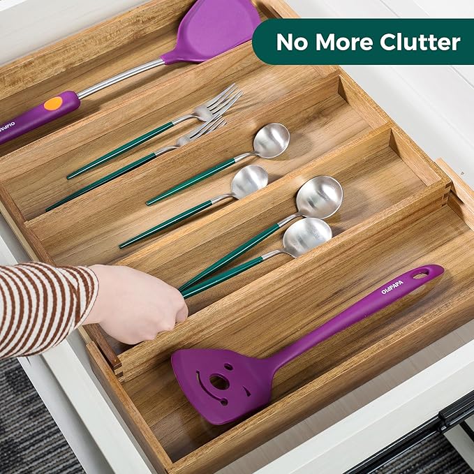 Utoplike Acacia Kitchen Drawer Organizer Expandable, Large Utensils and Cutlery Tray, Adjustable Silverware Divider for Knives Flatware-Ruum Studio Home