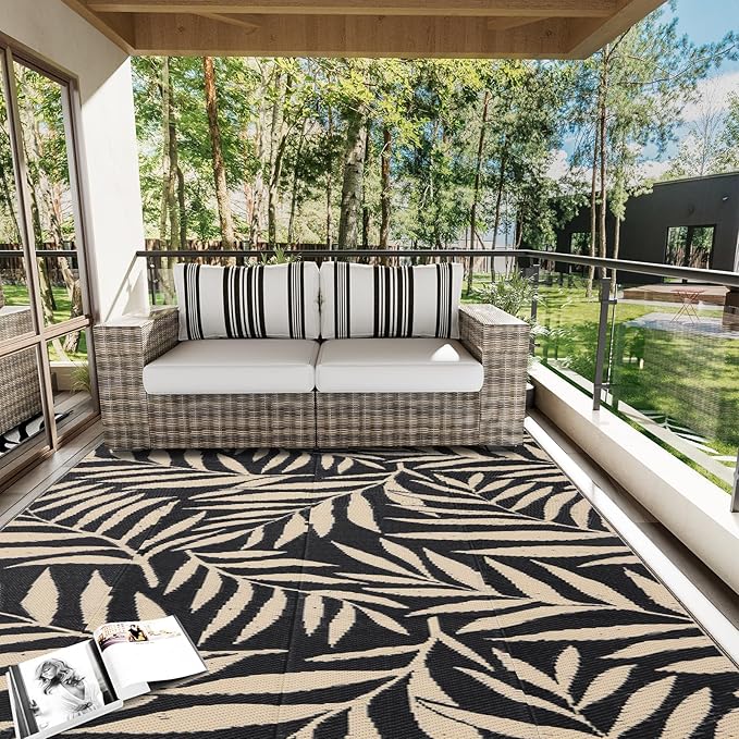 OLANLY Waterproof Outdoor Rug 6x9 ft, Reversible Outdoor Plastic Straw Rug with Leaf Pattern, RV Mat, Indoor Outdoor Carpet for Patio, Camping, Balcony, Deck, Backyard, Black & Beige-Ruum Studio Home