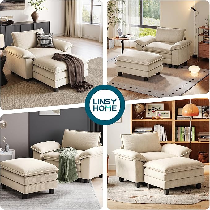 LINSY HOME Sofa Chair with Movable Ottoman - Corduroy Cloud Couch Chair Soft Comfy Modern Sofa Chaise Single Sleeper Chair Bed for Living Room Apartment Office, Beige-Ruum Studio Home