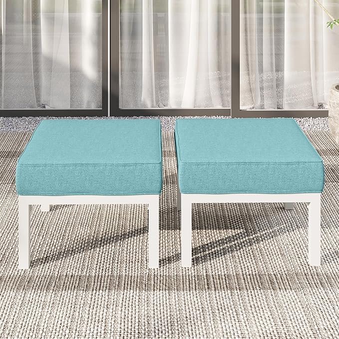 Solaste Outdoor Footstools Patio Ottoman Set of 2, Aluminum All-Weather Outdoor Footrest Seat with Removable Cushions, Patio Furniture Ottomans for Garden, Backyard, Poolside-White-Ruum Studio Home