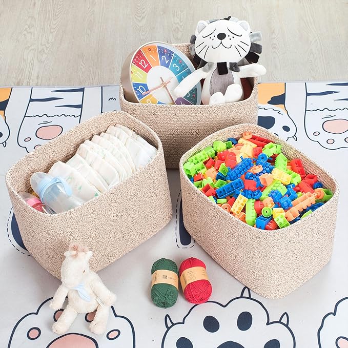 MINTWOOD Design 3-Pack Decorative Woven Storage Baskets for Shelves, Cube Bin Box for Organizing Books, Shoes, Dog Toys, Pantry Closet and Living Room Organizer, Oatmeal Brown-Ruum Studio Home