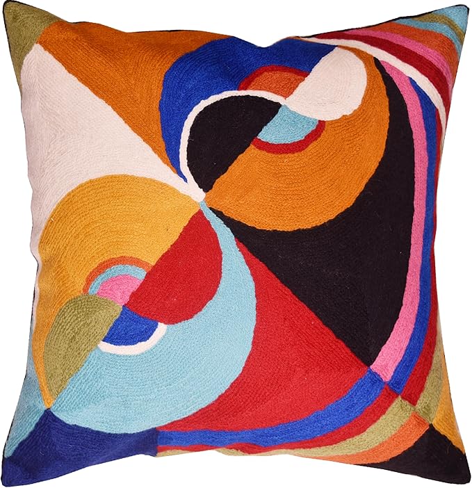 Delaunay Decorative Pillow Cover Joy Modern Couch Pillowcase Contemporary Couch Cushion Abstract Farmhouse Chair Pillowsham Hand Embroidered Wool Size 18x18-Ruum Studio Home