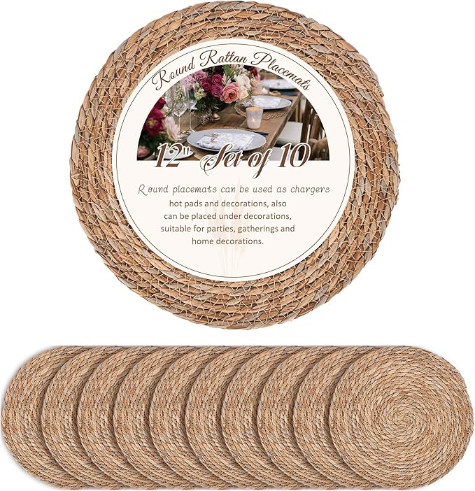 Defined Deco Woven Placemats Set of 10,12" Round Rattan Placemats,Natural Hand-Woven Water Hyacinth Placemats,Farmhouse Weave Place Mats,Rustic Braided Wicker Table Mats for Dining Table,Home,Wedding.-Ruum Studio Home