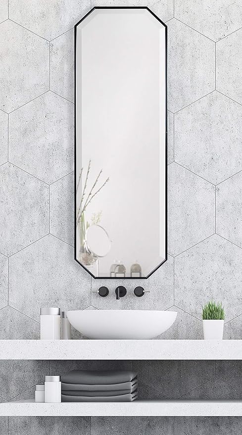 Kate and Laurel Rhodes Modern Full Length Octagon Wall Mirror, 16 x 48, Black, Decorative Glam Geometric Wall Accent-Ruum Studio Home